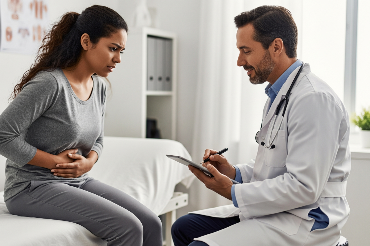 Dolor Abdominal: ¿Cuándo es Momento de Visitar al Médico? Una paciente le describe su dolor de estómago a un doctor, quien toma notas en una tableta digital en su consultorio.